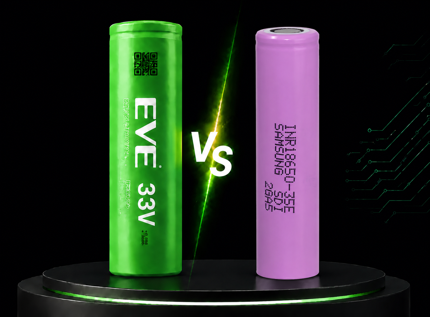Comparativo técnico EVE 33V vs Samsung 35E células 18650 de lítio