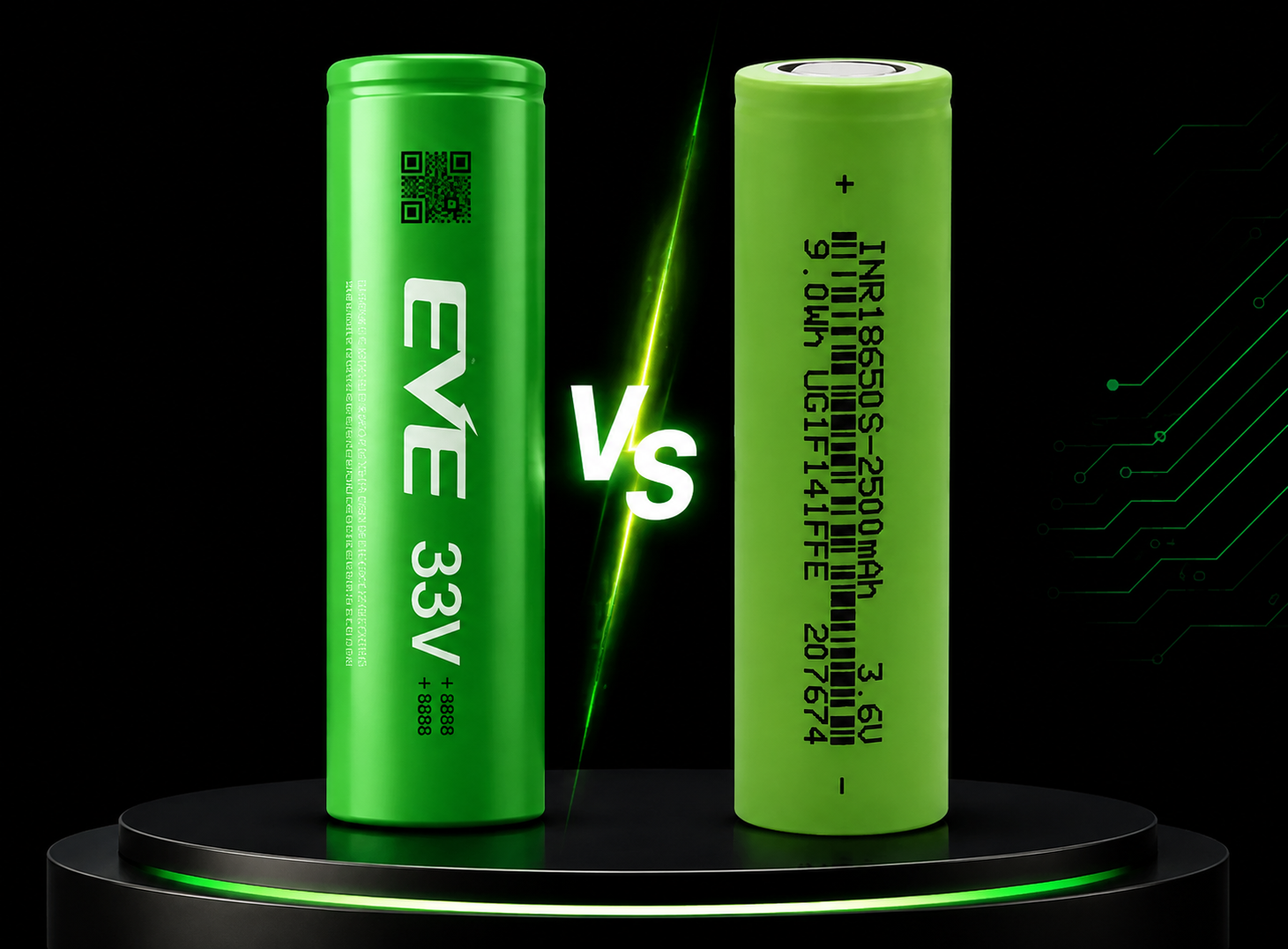 Gráfico comparativo técnico de autonomia e ciclos entre as baterias 18650 EVE 33V e INR18650S 2500mAh